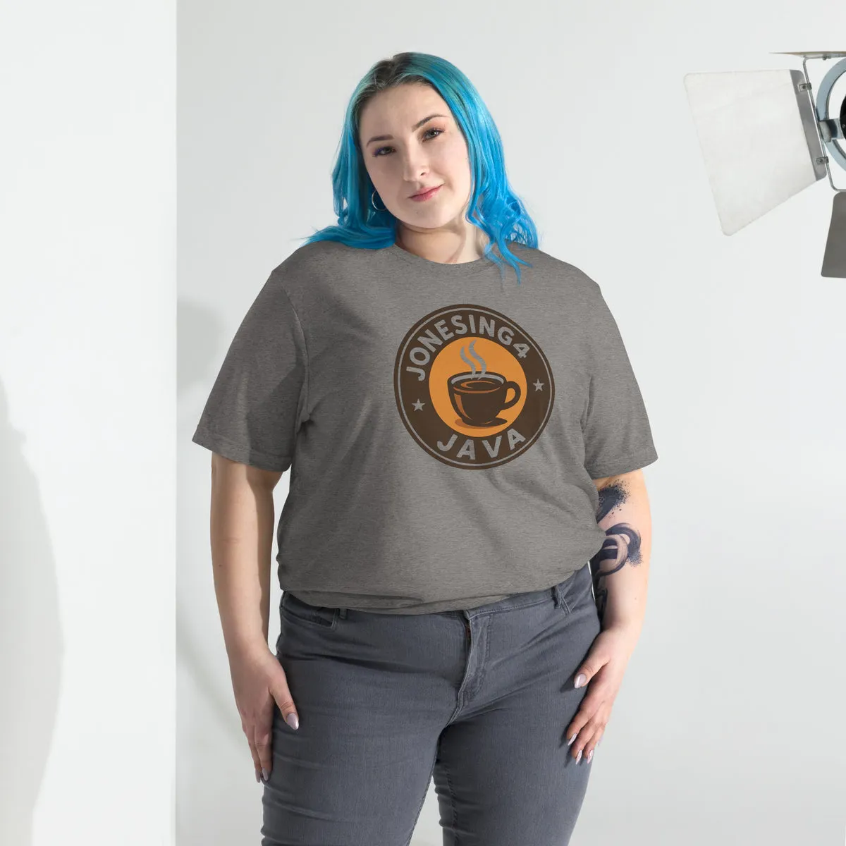 Jonesing4 Java logo on a grey triblend short-sleeve t-shirt