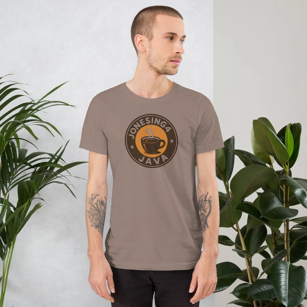 Jonesing4 Java logo on a pebble-colored unisex short-sleeve t-shirt